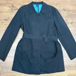 GAP Y2K‎ Womens L Black Belted Trench Coat Midi Duster Cotton Canvas Utilitarian